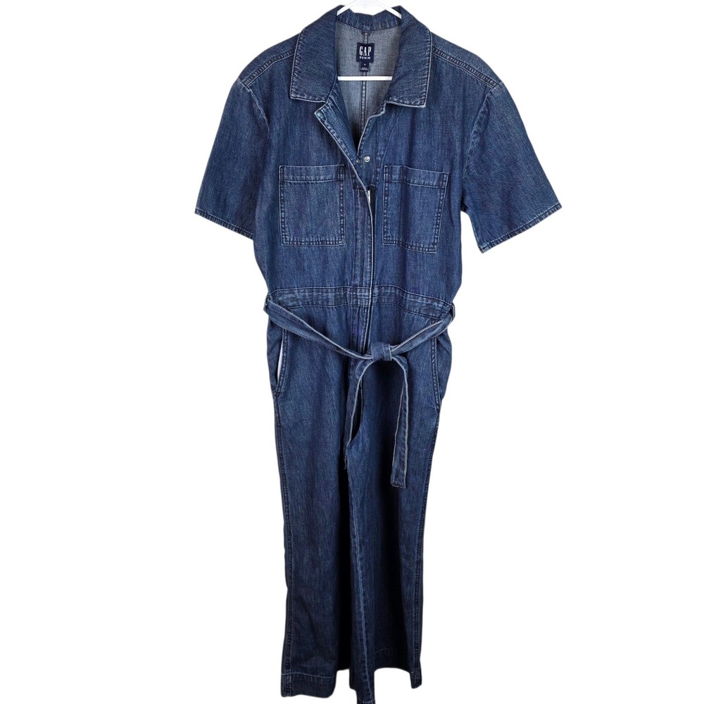 GAP Denim Jumpsuit Women 12 Blue Wide Leg Short Sleeve Utility Tie Belt Zip